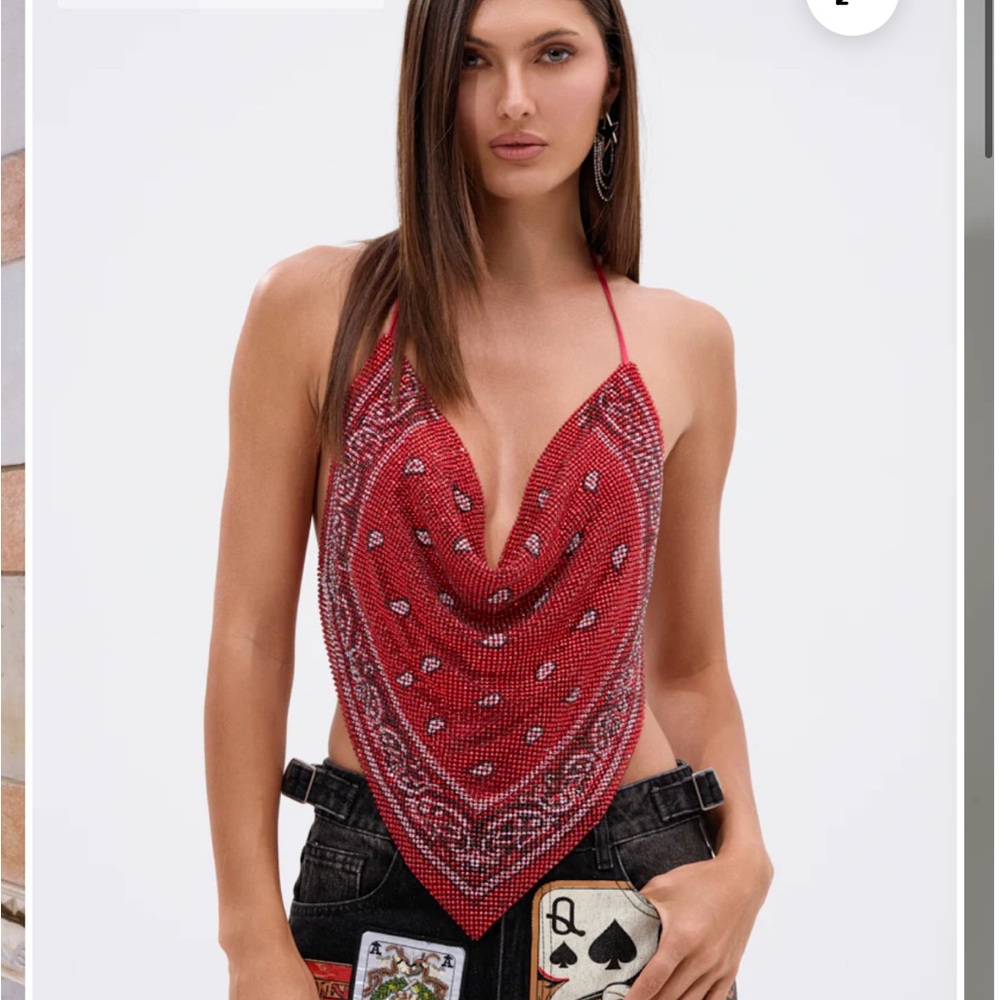 AKIRA Red Bandana Style Top (FOREVER AND EVER COWL NECK BLOUSE)